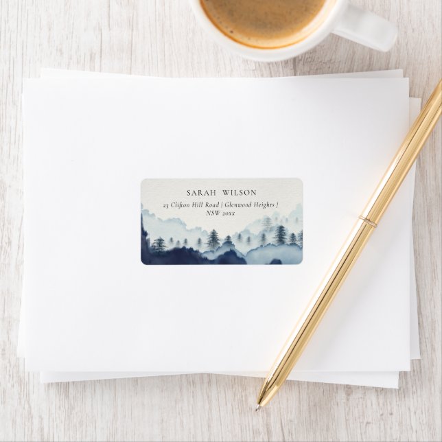 Rustic Ink Blue Navy Pine Woods Mountain Address Label (Insitu)