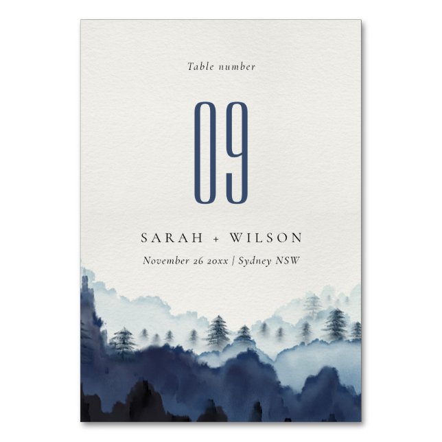 Rustic Ink Blue Navy Pine Woods Mountain Wedding Table Number (Front)