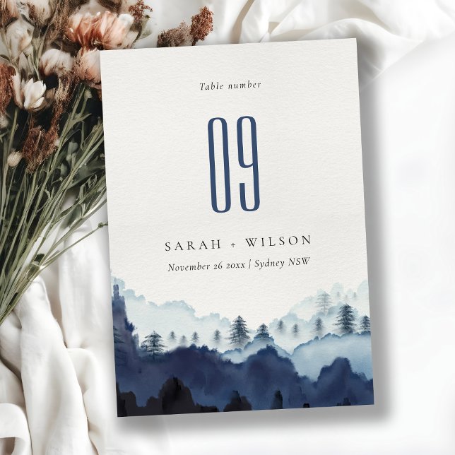 Rustic Ink Blue Navy Pine Woods Mountain Wedding Table Number (Creator Uploaded)