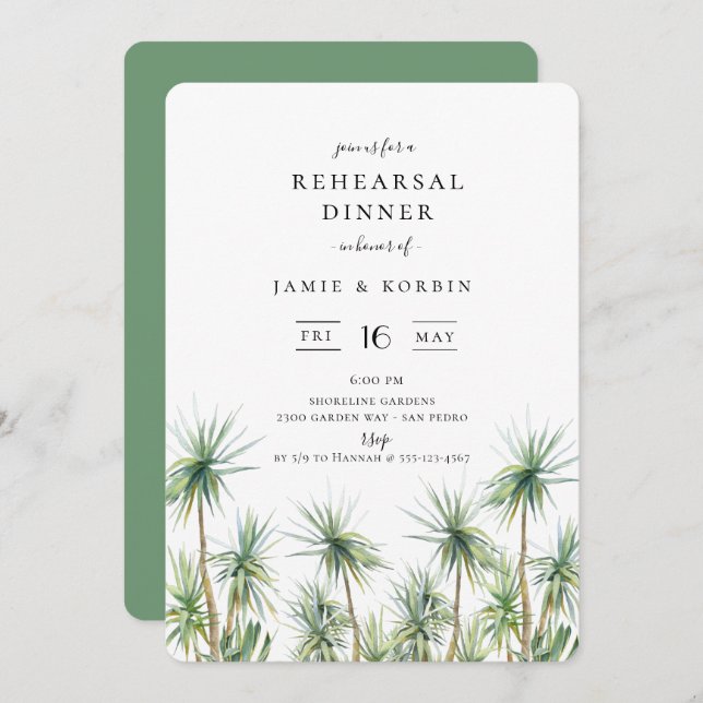 Rustic Island Palm Trees Wedding Rehearsal Dinner Invitation (Front/Back)