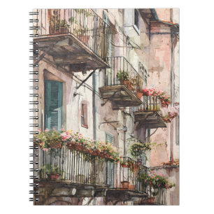 Rustic Italian Balcony Floral Watercolor Notebook