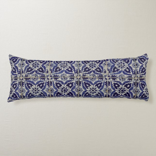 Rustic Italian Tiles Azulejo Blue White Geometric Body Cushion (Front)