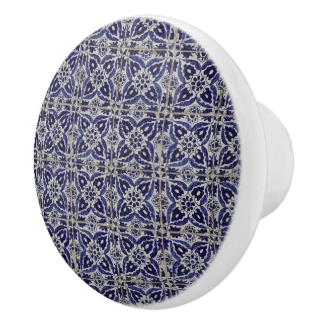 Rustic Italian Tiles Azulejo Blue White Geometric  Ceramic Knob (Right)