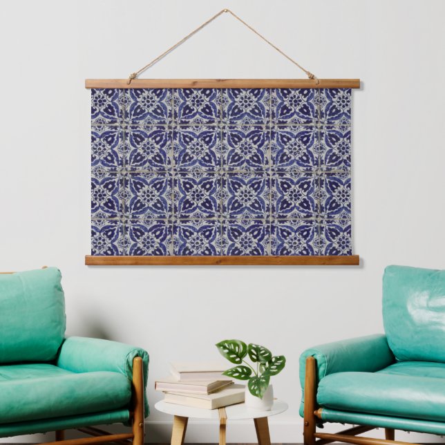 Rustic Italian Tiles Azulejo Blue White Geometric  Hanging Tapestry (Living Room)