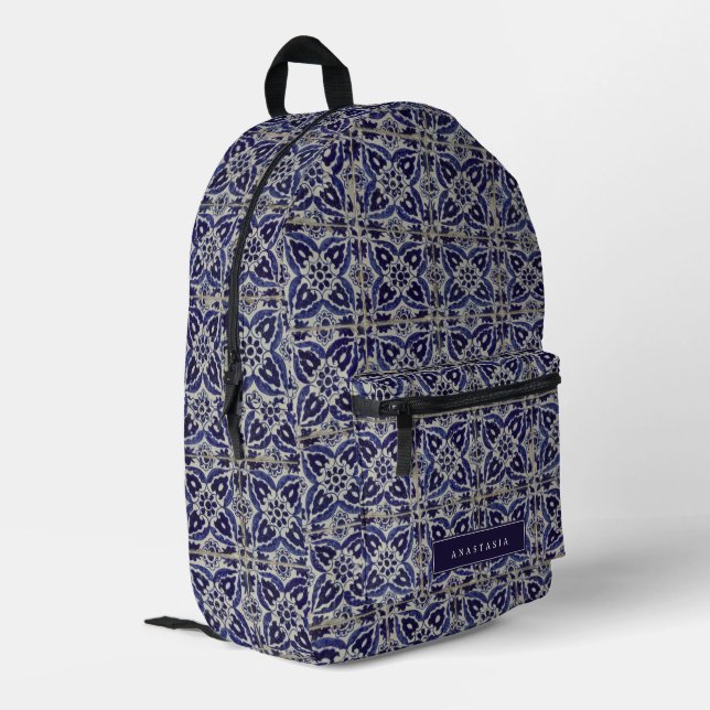 Rustic Italian Tiles Azulejo Blue White Geometric  Printed Backpack (Back Corner Left)