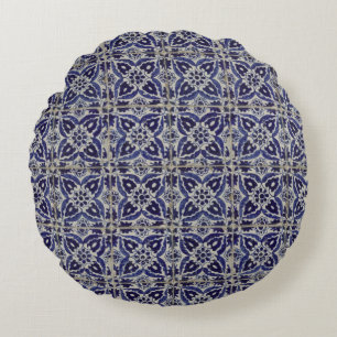 Rustic Italian Tiles Azulejo Blue White Geometric Round Cushion