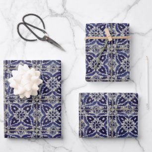 Rustic Italian Tiles Azulejo Blue White Geometric Wrapping Paper Sheet