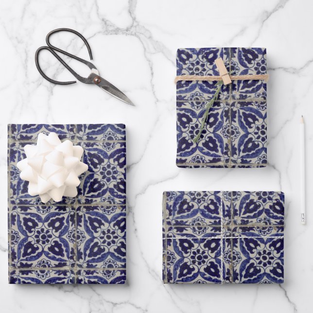 Rustic Italian Tiles Azulejo Blue White Geometric Wrapping Paper Sheet (Front)
