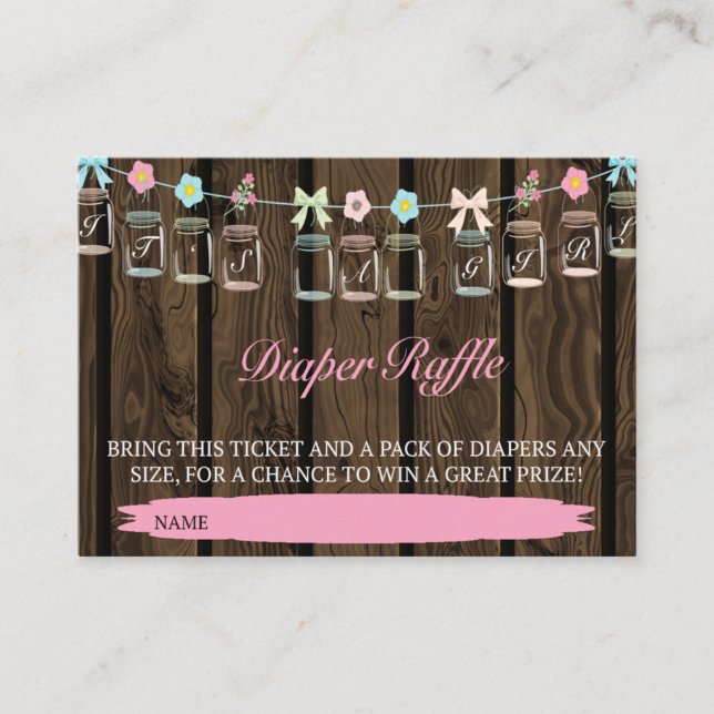 Rustic It's A Girl Mason Jar Diaper Raffle Ticket Enclosure Card (Front)