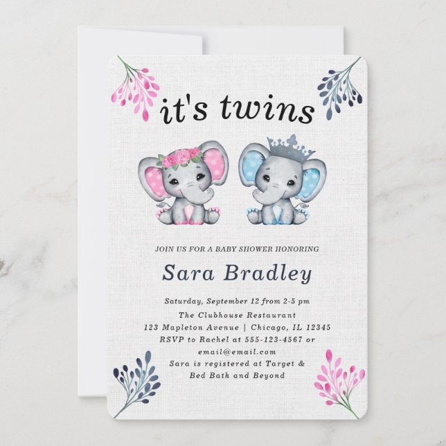  Rustic It's Twins burlap elephant baby shower Invitation (Front)