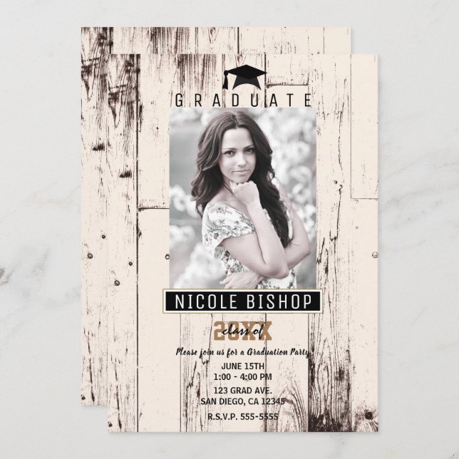 Rustic Ivory Barn Wood Graduation Photo Party  Invitation (Front/Back)