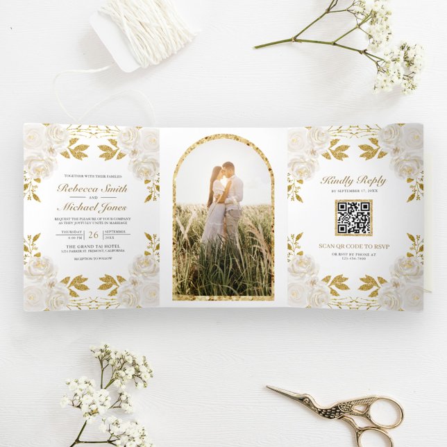 Rustic Ivory Floral Gold Glitter QR Code Wedding Tri-Fold Invitation (Creator Uploaded)