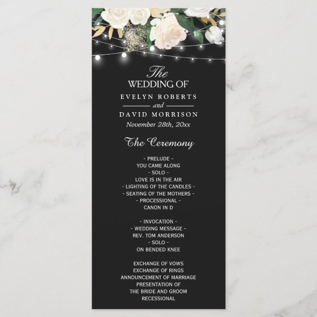Rustic Ivory Floral String Lights Wedding Program (Front)