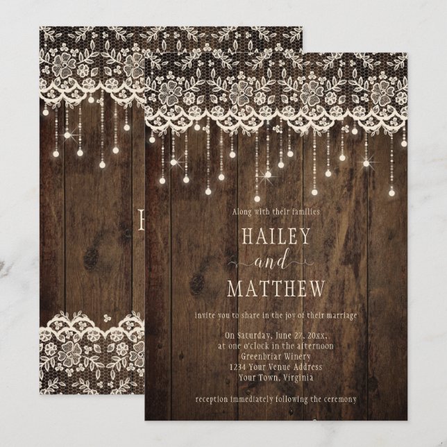 Rustic Ivory Lace Sparkle Lights Barn Wood | Invitation (Front/Back)