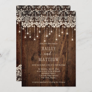 Rustic Ivory Lace Sparkle Lights Barn Wood   Invitation