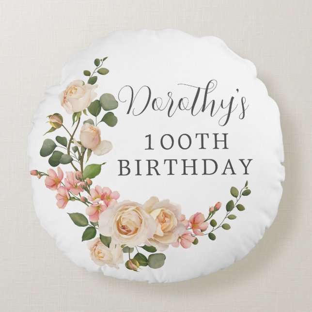 Rustic Ivory White Floral 100th Birthday Gift Round Cushion (Front)