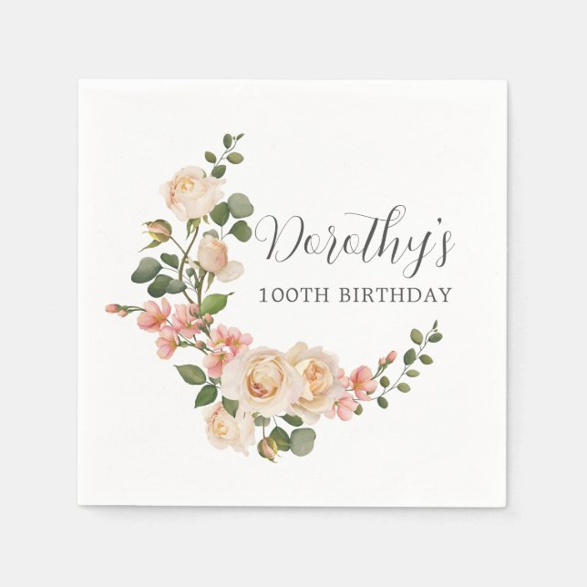 Rustic Ivory White Floral 100th Birthday Party Napkin (Front)