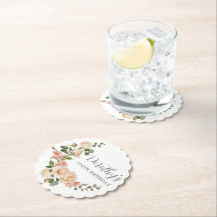 Rustic Ivory White Floral 100th Birthday Party Paper Coaster