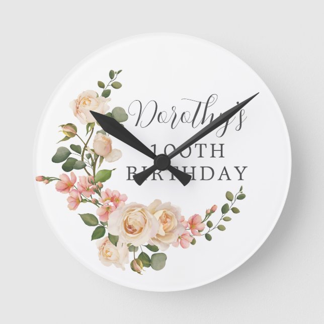 Rustic Ivory White Floral 100th Birthday Party Round Clock (Front)