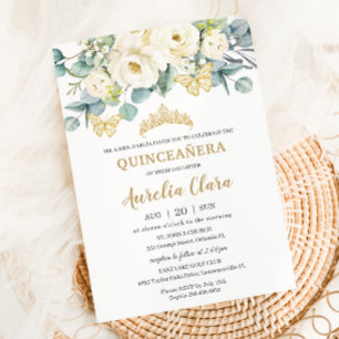 Rustic Ivory White Floral Eucalyptus Quinceañera Invitation