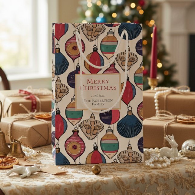Rustic Ivory Xmas Ornaments Small Gift Bag (Colorful Chic Ivory Vintage Ornaments Xmas Wrapping Paper. Retro Chic Xmas Holiday Season Pattern)