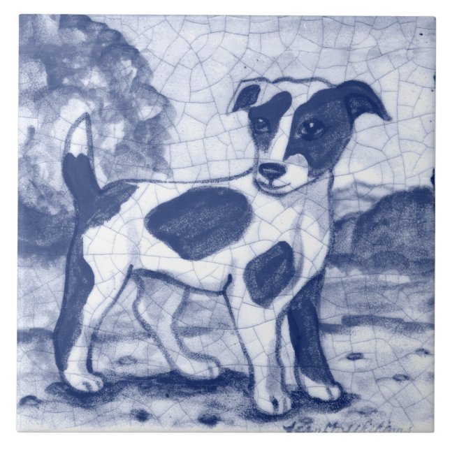 Rustic Jack Russell Terrier Dog Blue Delft Dedham Ceramic Tile (Front)