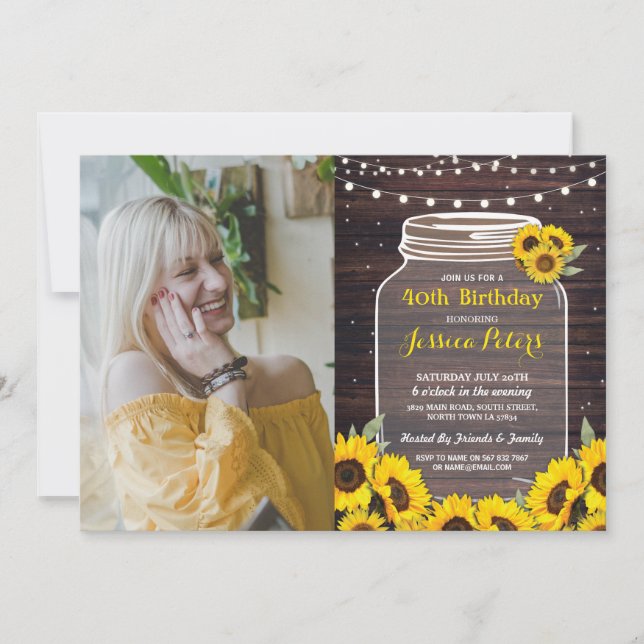 Rustic Jar Birthday Party Wood Sunflower Photo Invitation (Front)