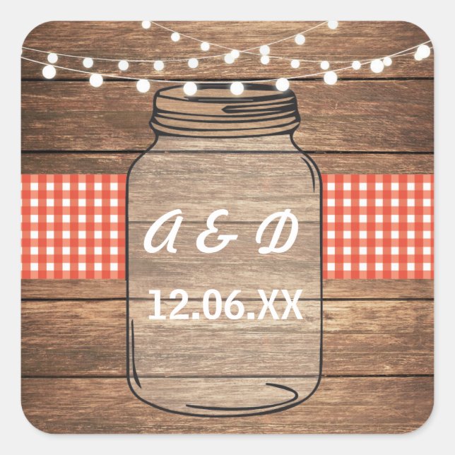 Rustic Jar Initials Lights Red Gingham Label (Front)
