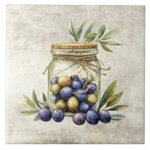 Rustic Jar of Olives Tied with Twine Faux Texture Ceramic Tile