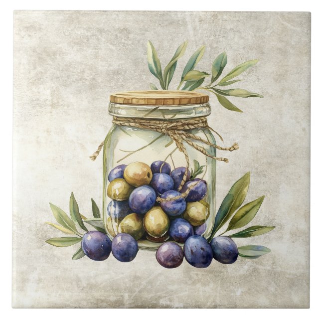 Rustic Jar of Olives Tied with Twine Faux Texture  Ceramic Tile (Front)
