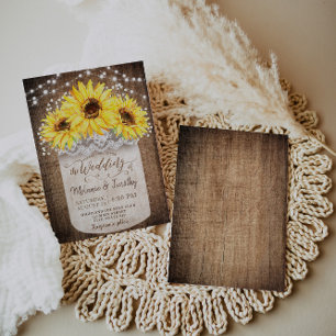 Rustic Jar Sunflower Wood Wedding Invitations