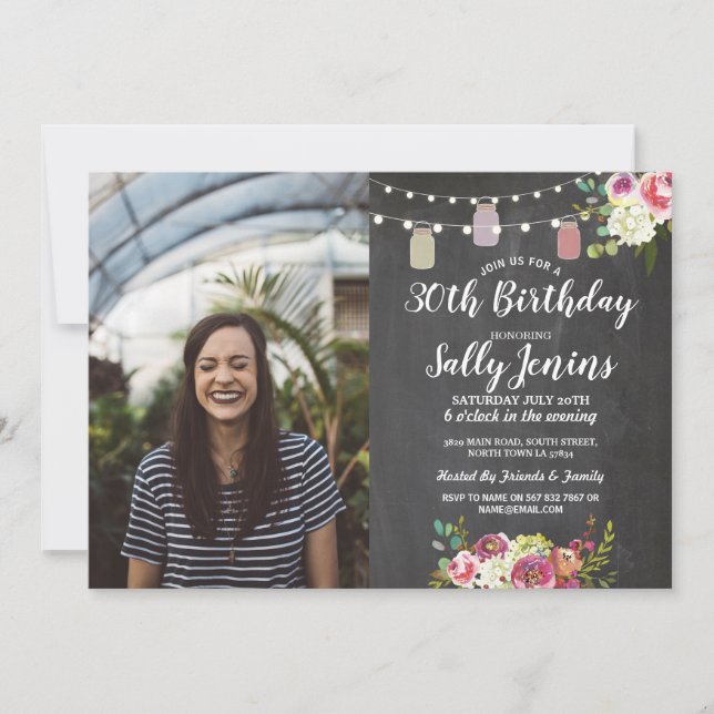 Rustic Jars Photo Birthday Party Chalk Floral Invitation (Front)