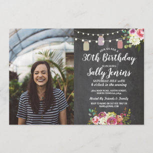 Rustic Jars Photo Birthday Party Chalk Floral Invitation