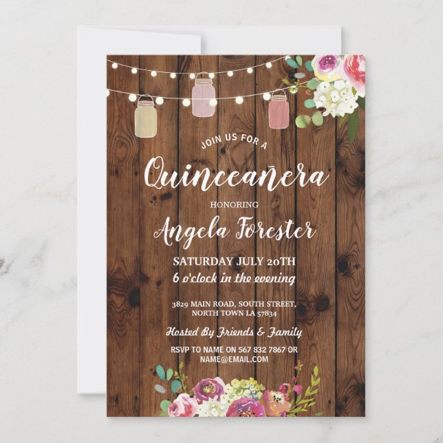 Rustic Jars Quinceanera Party Wood Floral Lights Invitation (Front)