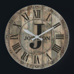 Rustic Johnson Family Clock | Farmhouse Decor<br><div class="desc">Celebrate the Johnson family legacy with this stunning rustic monogram wall clock that brings timeless elegance to any home. 🕰️ Featuring a weathered wood-look background with vertical planks, a decorative ornate border, and Roman numerals framing a classic monogram design with a large J initial, the Johnson family name in bold...</div>