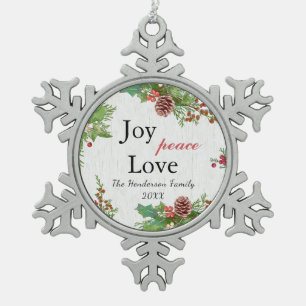 Rustic Joy Peace Love Christmas Holiday Family Snowflake Pewter Christmas Ornament