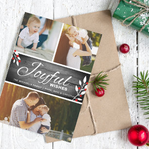 Rustic Joyful Wishes Photo Collage Holiday Card