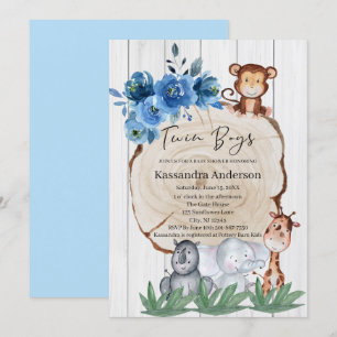 Rustic Jungle Animal Blue Floral Twins Baby Shower Invitation