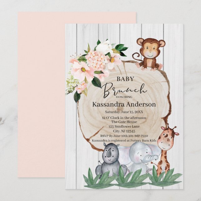 Rustic Jungle Animals Blush Floral Baby Brunch Invitation (Front/Back)