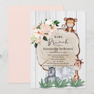 Rustic Jungle Animals Blush Floral Baby Brunch Invitation