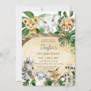 Rustic Jungle Animals Wood Greenery Birthday Party Invitation