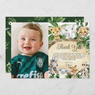 Rustic Jungle Animals Wood Greenery Birthday Photo Thank You Card