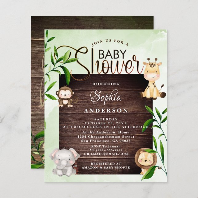 Rustic Jungle Safari Animals Greenery baby Shower  (Front/Back)