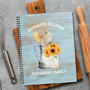 Rustic Kitchen Utensil Sunflower Blue Wood Recipe Notebook