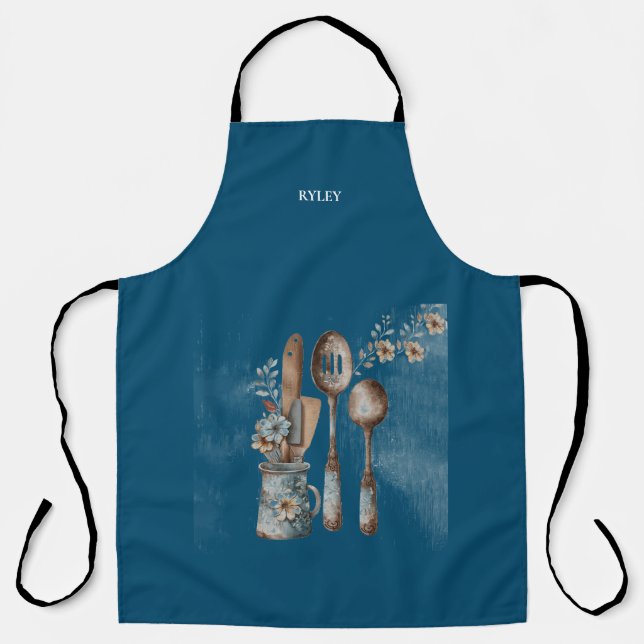 Rustic Kitchen Utensils Modern Monogram Apron (Front)