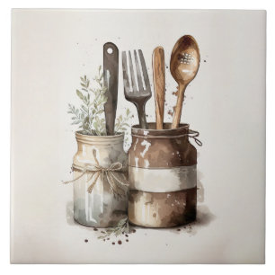 Rustic Kitchen Utensils Watercolors Ceramic Tile