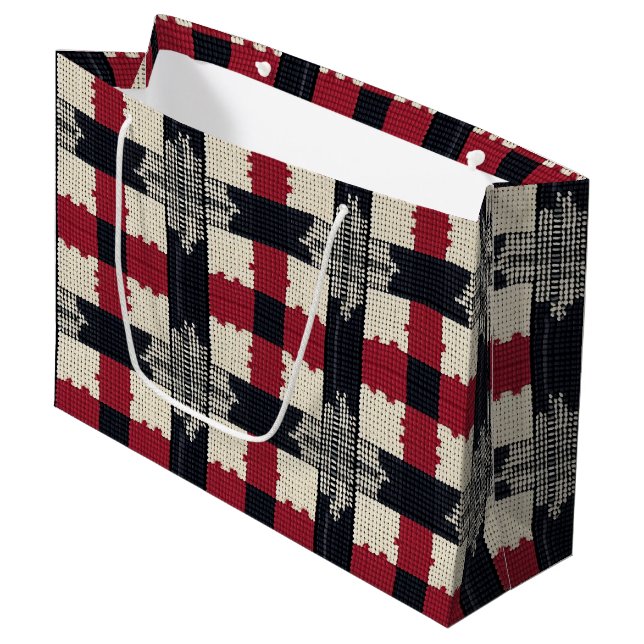 Rustic Knit Snowflake Plaid - Cosy Winter Boho Large Gift Bag (Front Angled)