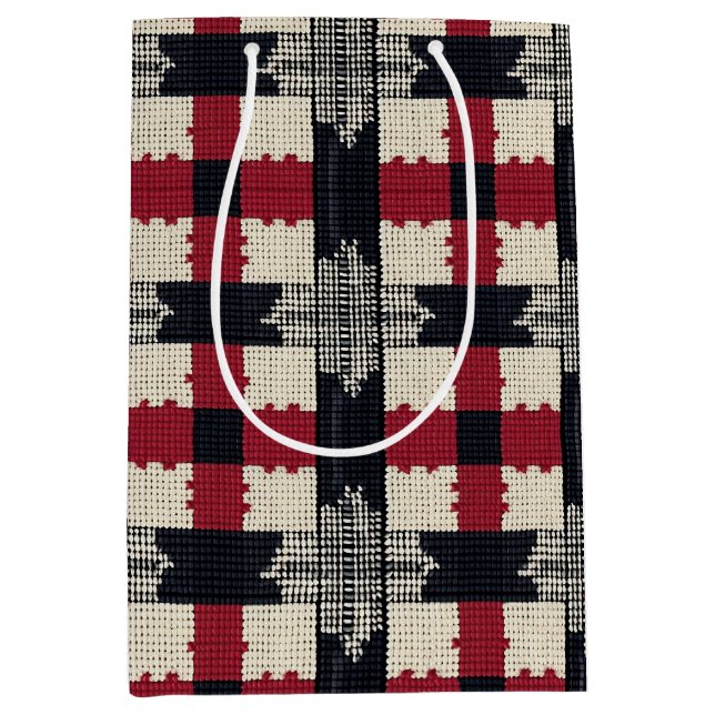 Rustic Knit Snowflake Plaid - Cosy Winter Boho Medium Gift Bag (Front)