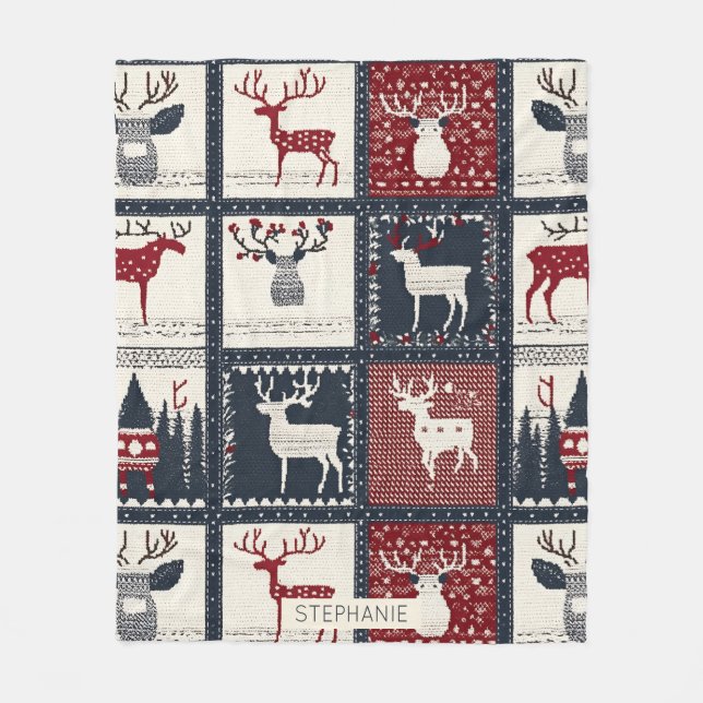 Rustic Knitted Patchwork Pattern | Nordic Fleece Blanket (Front)