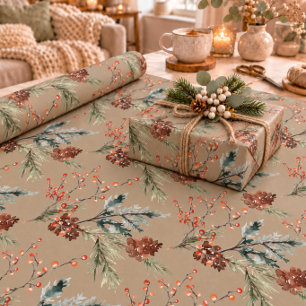 Rustic Kraft All Winter Spruce Cones Ilex Berries Wrapping Paper